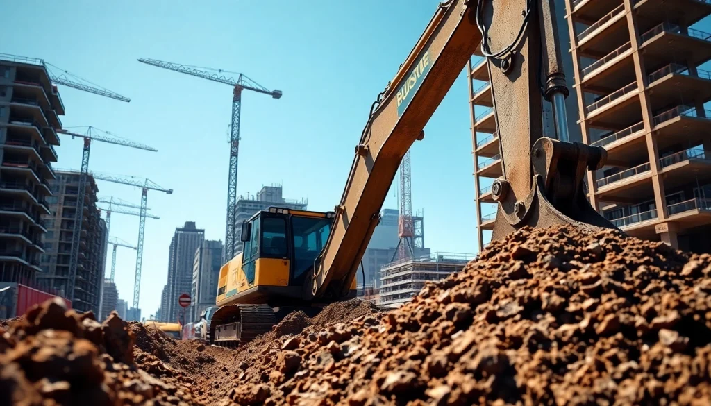 Rent excavators for construction at a bustling urban site with active machinery.