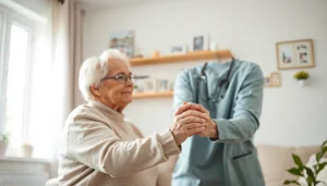 Caregiver providing in home care austin tx in a warm, inviting living room.