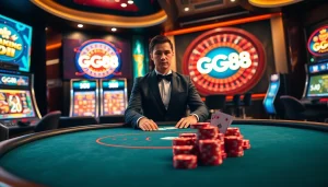 Thrilling poker game at GG88 online casino with professional dealer and vibrant atmosphere.