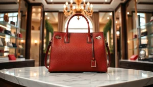 명품 이미테이션 가방을 세련된 부티크에서 조명 아래 보여주는 장면