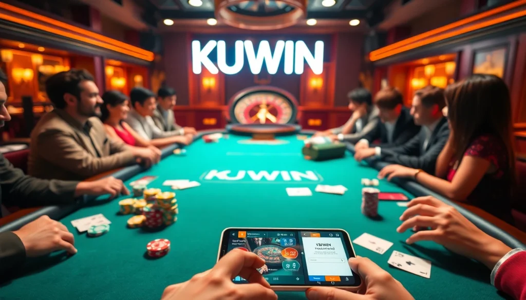 Kuwin casino scene with poker players, vibrant chips, and a roulette wheel for an exciting gaming atmosphere.