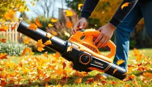 Electric leaf blower efficiently clearing colorful autumn leaves in a sunny garden.