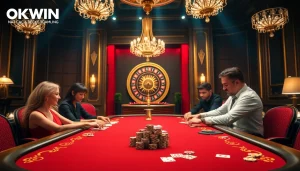 Engaged players at a poker table, showcasing Nhà cái OKWIN's vibrant casino atmosphere.