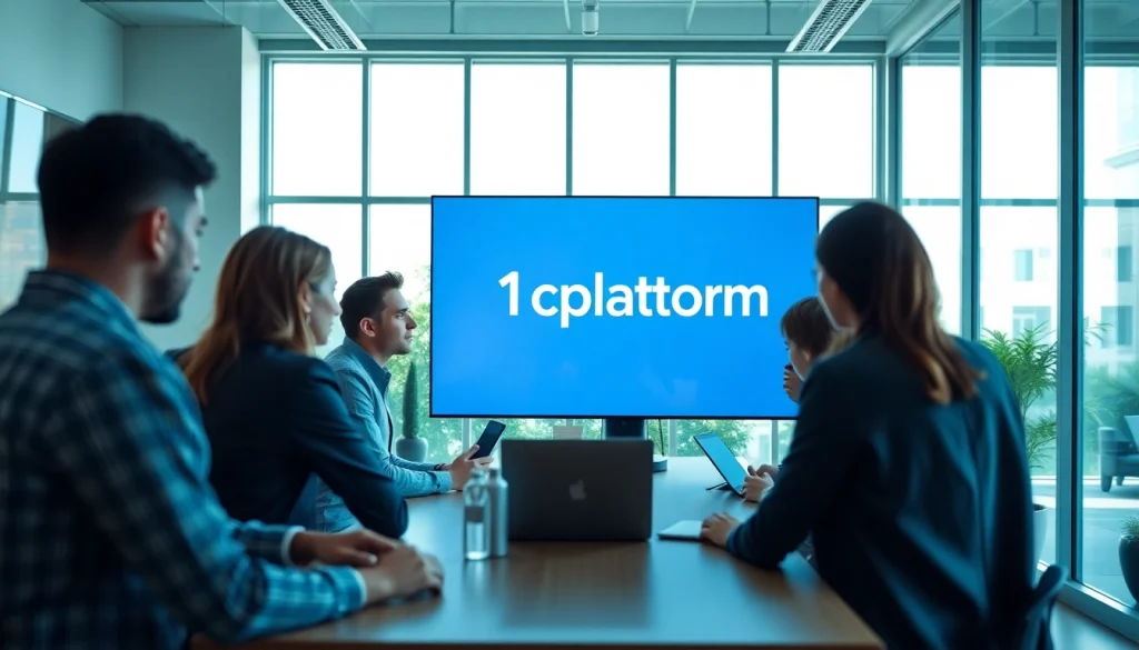 Engaging team collaboration centered around the 1cplatform logo in a modern office setting.
