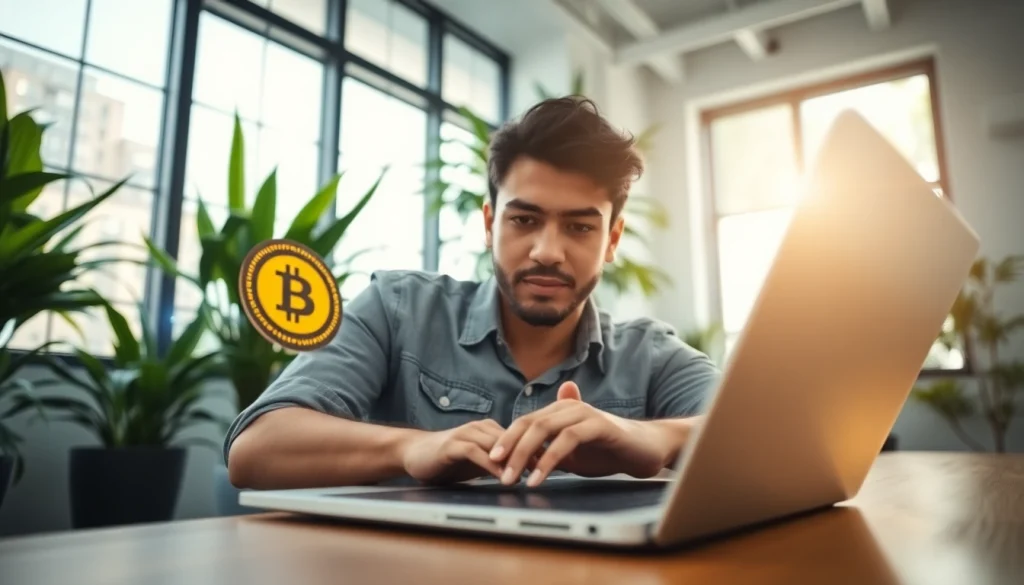 Acheter bitcoin avec une personne utilisant un ordinateur portable dans un bureau moderne.