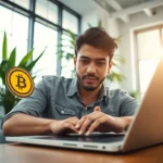 Acheter bitcoin avec une personne utilisant un ordinateur portable dans un bureau moderne.