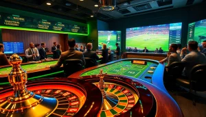 Gambling scene with เทคนิคแทงบอล at a vibrant casino, featuring players at tables and dynamic betting interfaces.