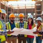 Engaged workers from the construction association North Carolina collaborating on a project blueprint.