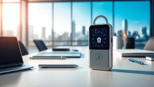 Freelock Gerät auf einem modernen Schreibtisch, umgeben von Büromaterialien und einer Stadtansicht.