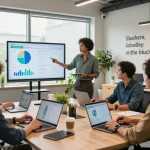 Team collaboration at Schneider Electric's innovative office workspace with charts and analytics during a strategic meeting.