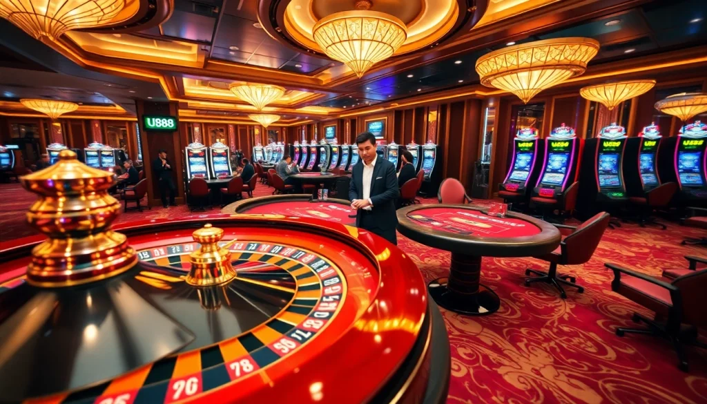 U888 players enjoying an exciting casino atmosphere with roulette and poker games.