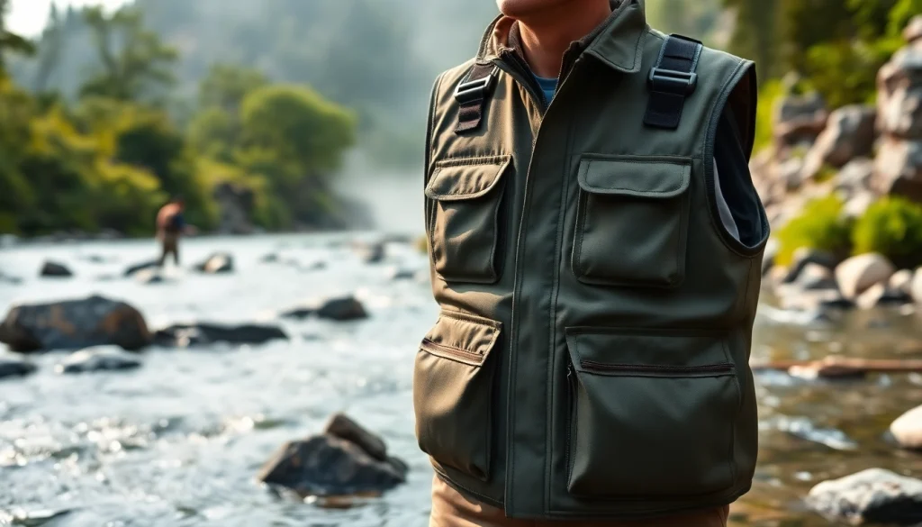 Showcase a fly fishing vest with detailed features at a serene river setting.