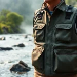Showcase a fly fishing vest with detailed features at a serene river setting.