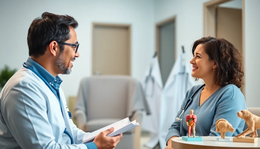 現代的なクリニックで医師とアトムクリニックの口コミ・評判について話す患者