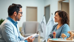 現代的なクリニックで医師とアトムクリニックの口コミ・評判について話す患者