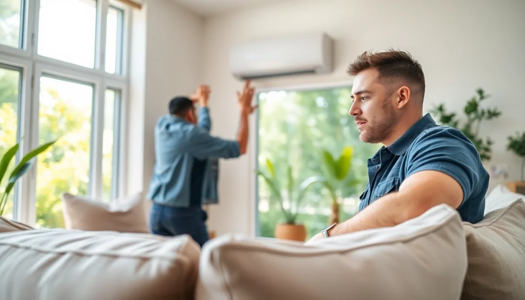 Technician ensuring efficient residential heating and cooling in a cozy living room.