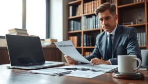Beratung zur Änderungskündigung in einem modernen Büro mit einem Anwalt, der Dokumente überprüft.