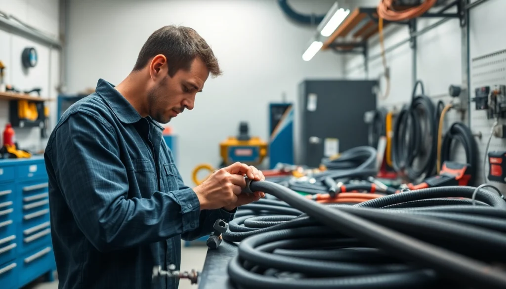 Demonstration of hydraulic hose repair by an experienced technician in a workshop.
