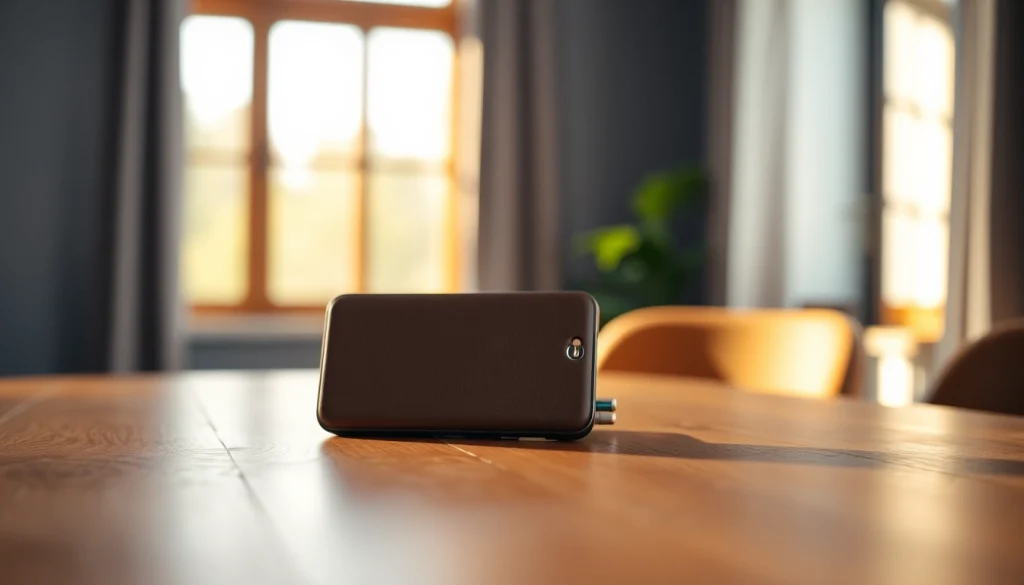 Handy Tasche abschließbar auf einem minimalistischen Holztisch, stilvolles Design präsentiert.