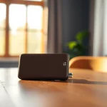 Handy Tasche abschließbar auf einem minimalistischen Holztisch, stilvolles Design präsentiert.