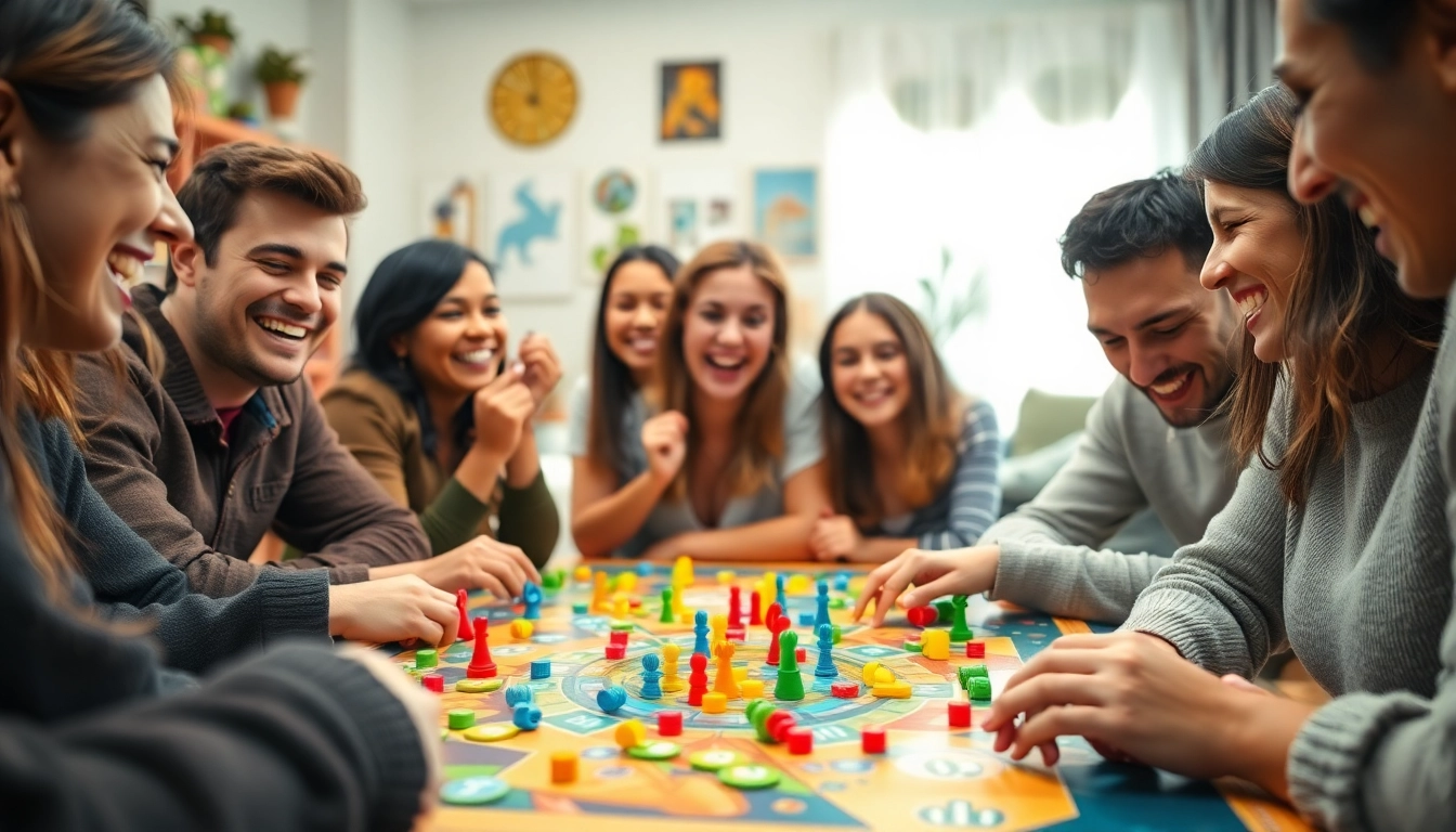 Friends engaging with games to play with friends, surrounded by colorful game pieces and a cozy atmosphere.