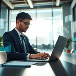 Scrape LinkedIn search results efficiently with a businessperson analyzing data in a bright office.