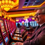 Excited gambler at a vibrant slot machine in a luxurious casino setting, highlighting winning opportunities.