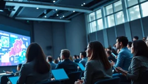 Engaged professionals at an AI and emerging technology conference share innovative ideas.