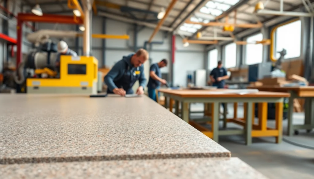 Showcase of surfacing solutions in a workshop, highlighting craftsmanship and collaboration.