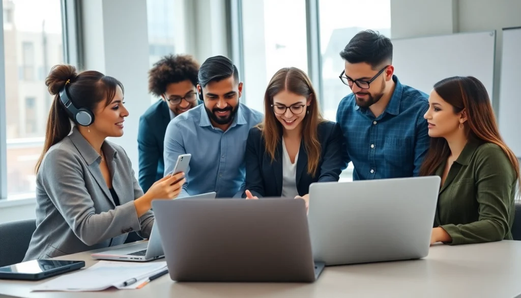 IT support services team collaborating in a modern office setting with diverse professionals.