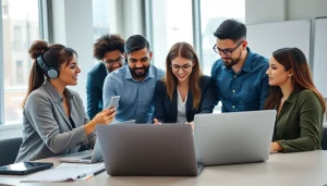 IT support services team collaborating in a modern office setting with diverse professionals.