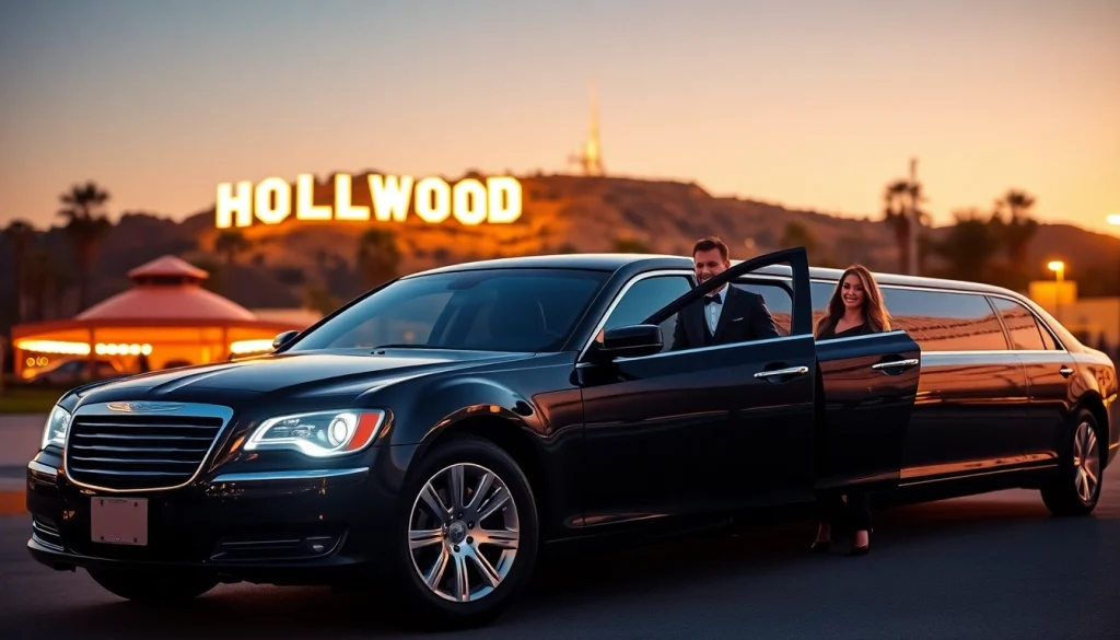 Los Angeles Limo service featuring a luxurious stretch limousine at a Hollywood landmark.