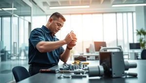 Efficient business lock replacement being performed by a skilled locksmith in an office setting.