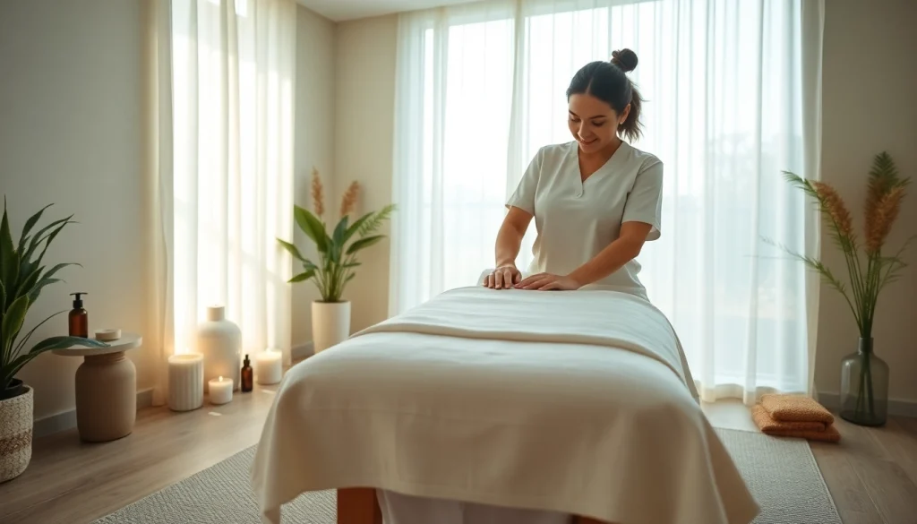 마사지 치료사가 고객을 위한 고요하고 매력적인 마사지룸을 준비하고 있습니다.
