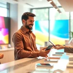 Find cash for phones near me exchange scene with customer and representative.