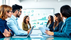 Engaged professionals discussing competitive intelligence faqs in a collaborative office setting.