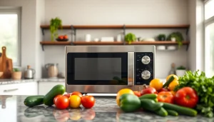 Showcasing microwave oven sales with a sleek design in a vibrant modern kitchen.