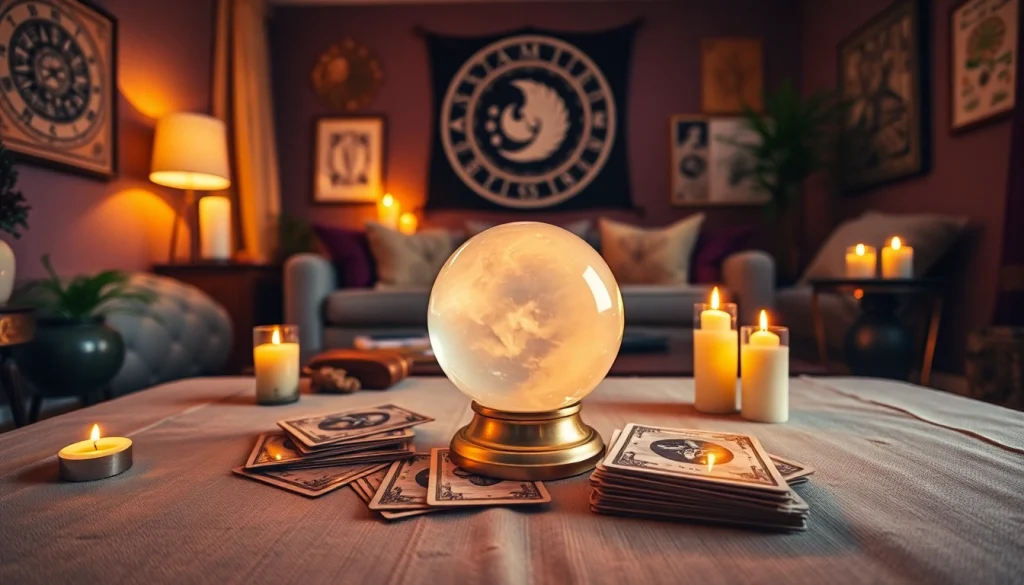 タロットカードと水晶玉を使った電話占い当たるを強調した魅力的な電話占いのセッティング。