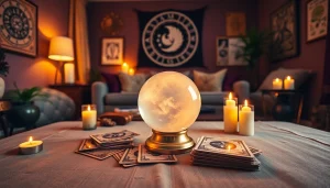 タロットカードと水晶玉を使った電話占い当たるを強調した魅力的な電話占いのセッティング。