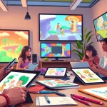 Animationstudio kreative Atmosphäre mit Talenten, die an Projekten arbeiten.