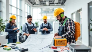 Expert team performing general building maintenance in a bright office with tools and charts.