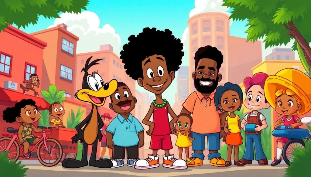 A vibrant illustration of iconic African American cartoons featuring characters from "The Boondocks" and "The Proud Family."