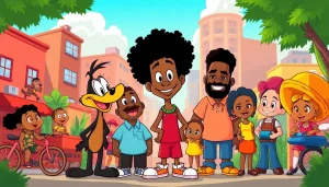 A vibrant illustration of iconic African American cartoons featuring characters from "The Boondocks" and "The Proud Family."