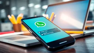 Illustration of What is a CRM for WhatsApp showing features on a smartphone in a modern office.