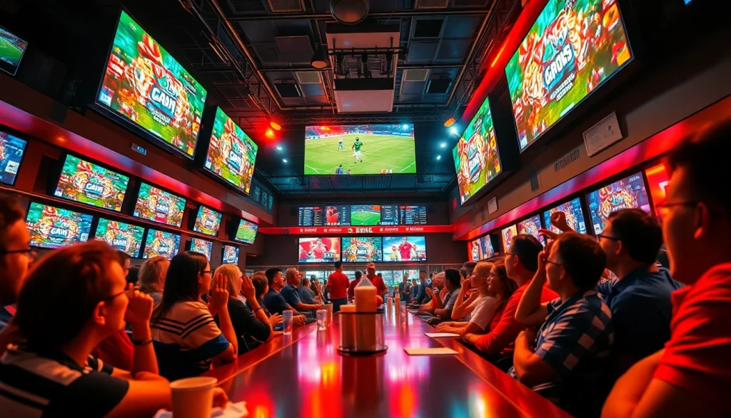 Exciting sports betting scene at 토토스토리 with fans cheering and large screens showing live games.