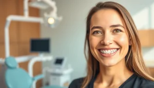 Adult braces Hawthorn smiling woman in braces at a modern orthodontic clinic setting