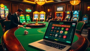 LUCK8 casino gaming table with vibrant betting action and elegant decor, showcasing excitement.