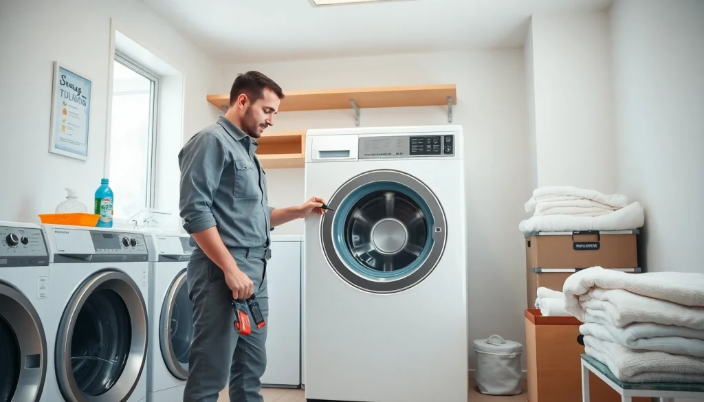 Technician providing washer repair near me in a bright laundry room setting.