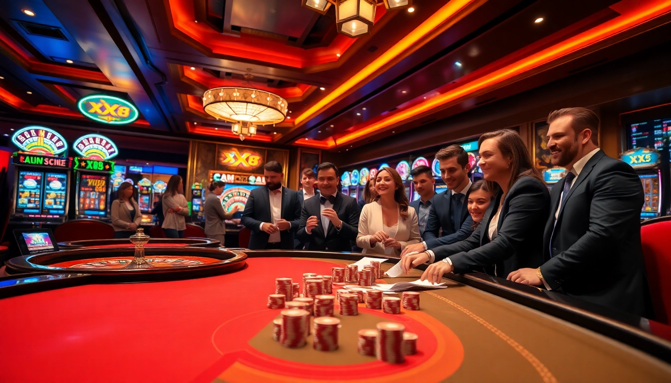 A vibrant casino scene featuring exciting games and promotions for XX 88 gamblers, showcasing poker chips and roulette tables.