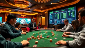 Players enjoying a lively game of IDN Poker at an elegant casino table with vibrant chips and cards.